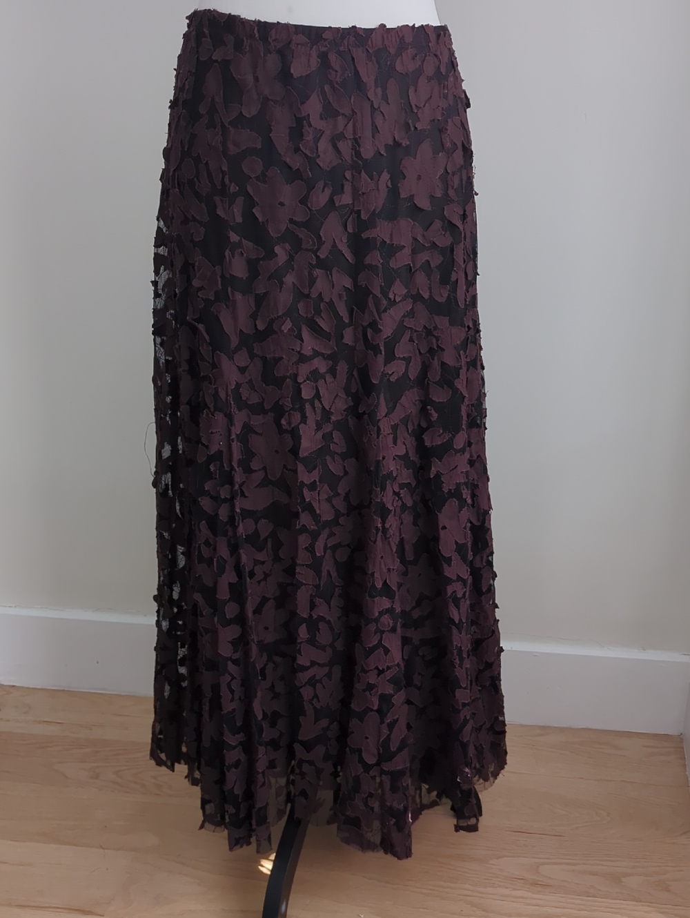 Coldwater Creek Layered Floral Maxi Skirt With Brown Flowers On Black Mesh